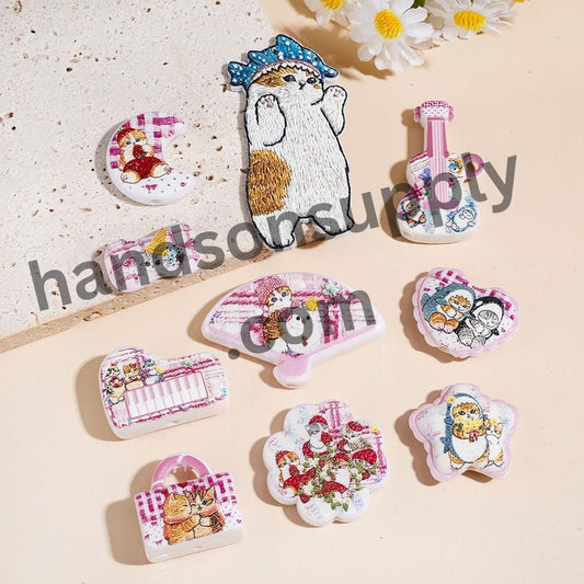 Cute Cozy Cat Winter Theme in Pink Series Glossy Printed Acrylic Beads Pendants, Assorted Shapes, Multi Colors Random Mix