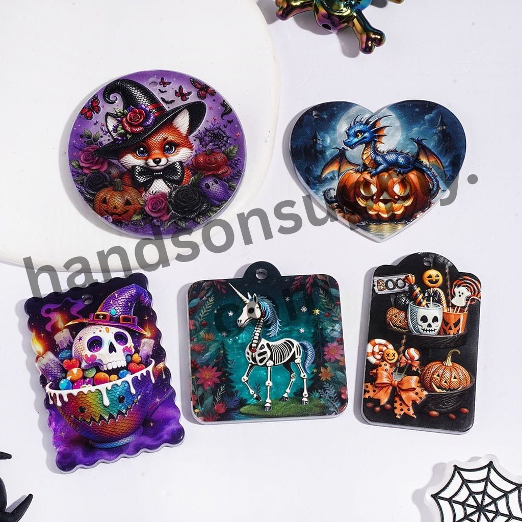Halloween Spooky Pumpkin, Unicorn & Skull Character Series Fritillaria Pearl-Like Texture Acrylic Pendants, Random Mix