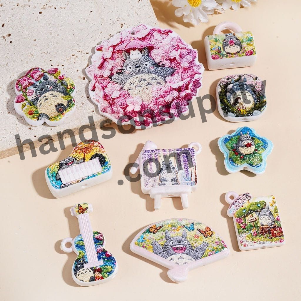 Cute Woodland Forest Spirit Japanese Anime Chinchilla Character Printed Acrylic Beads, Assorted Shapes, Random Mix
