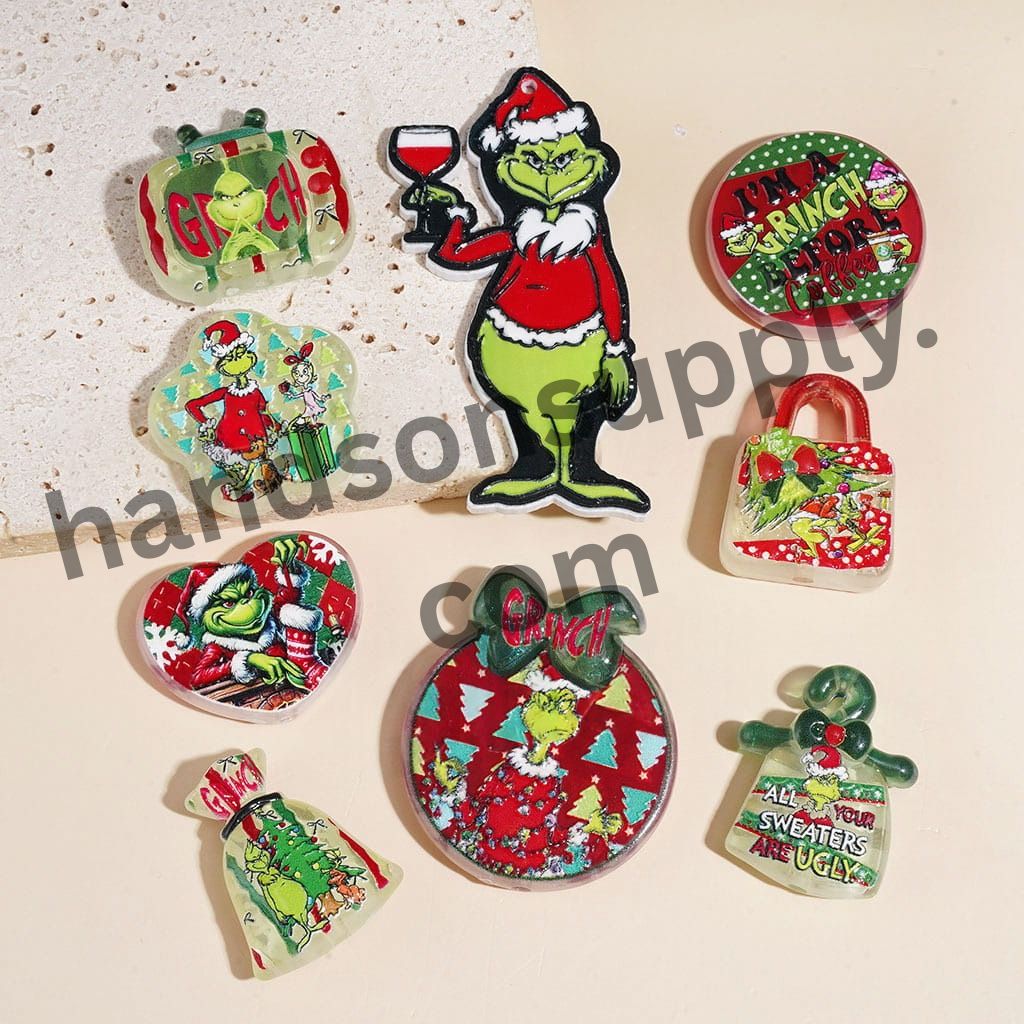 Christmas Green Grinch Character Series Acrylic Beads Pendants, Assorted Shapes, Random Mix