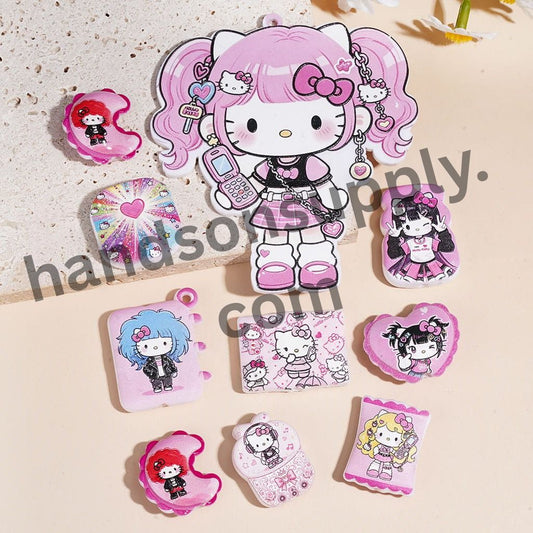 Cute Pink Cat Character Series Acrylic Beads for Pendants, Assorted Shapes, Random Mix