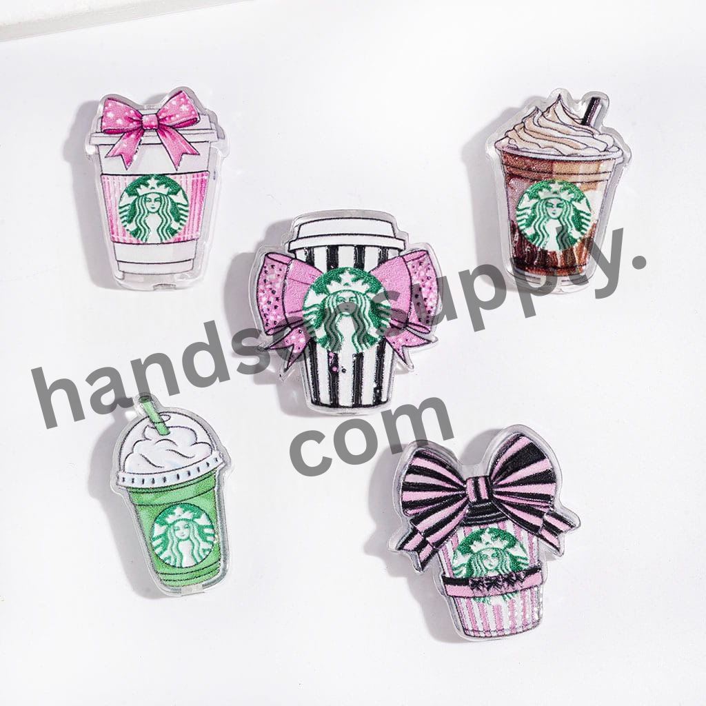 Green Coffee Cup Acrylic Beads with Siren Pattern Design, Random Mix