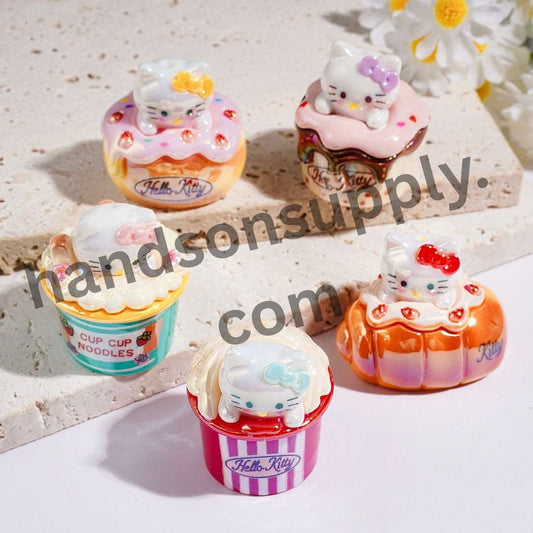 UV-Coated Adorable Cat Characters Sitting on Sweet Dessert Designs, Food Theme Acrylic Beads, Variant Designs, Random Mix