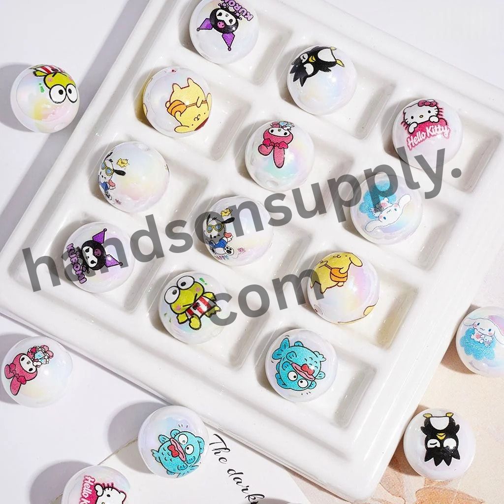 UV-Coated Charming Animal Character Printed Round Acrylic Beads for Bracelets, 16MM Random Mix