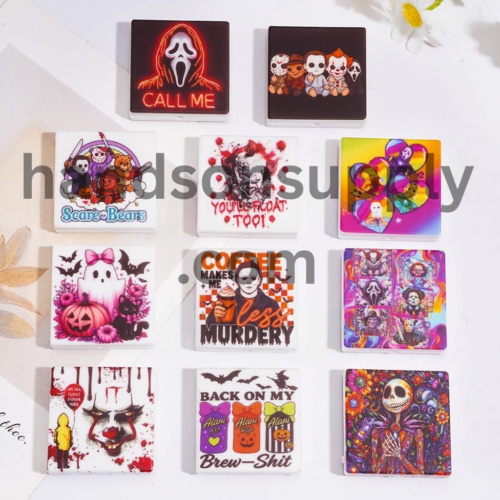 Halloween Horror Theme Printed Square Shape Acrylic Beads, 28×28MM, Assorted Styles, Random Mix