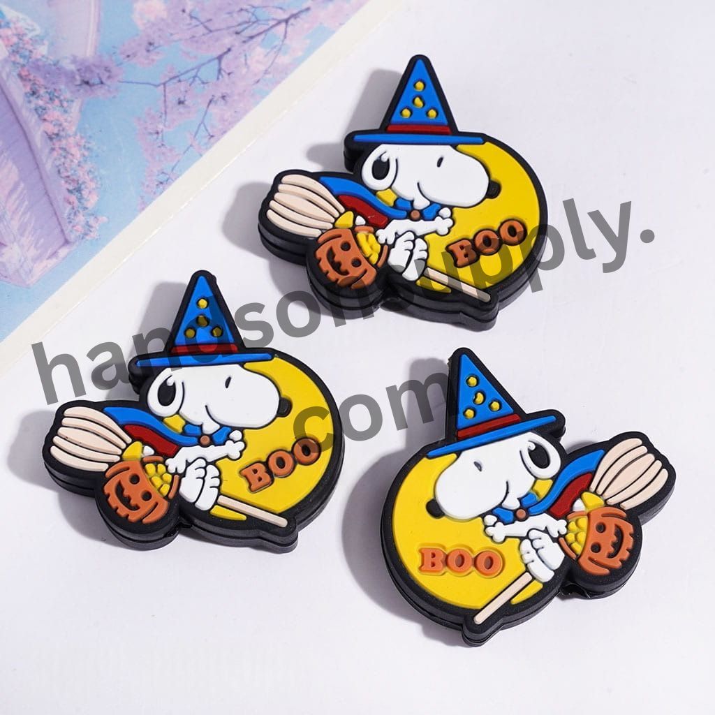 Cute Beagle Dog with Wizard Hat Riding a Broom Silicone Focal Beads, Halloween Theme, 28*29MM