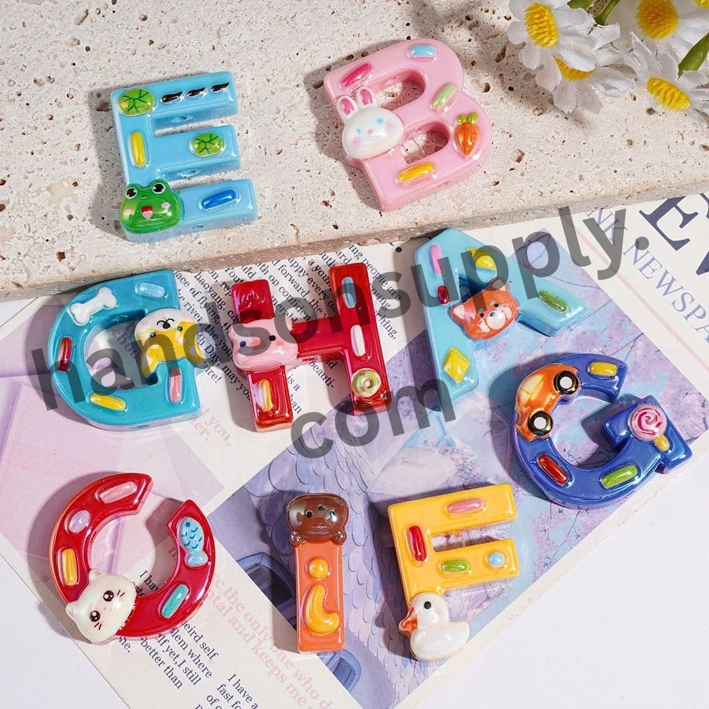 UV-Coated Alphabet All Letter with Cartoon Animal Fruit Candy Acrylic Beads, Random Mix