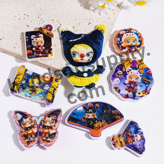 Cute Halloween Cool Baby Witch Girl Costume Doll Character Acrylic Beads for Pendants, Assorted Designs, Random Mix