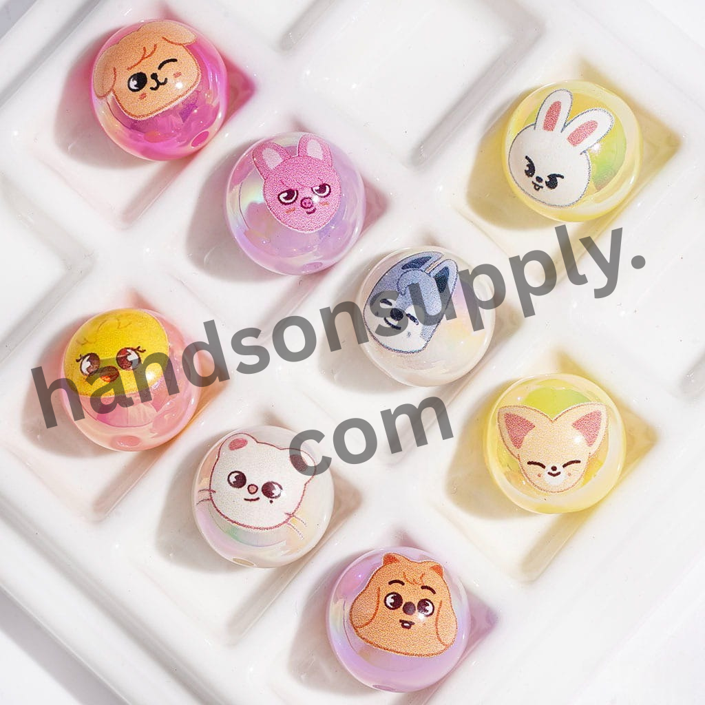 UV-Finish Korean Boy Group Animal Character Acrylic Bracelet Beads, 16MM, Candy Colors, Random Mix