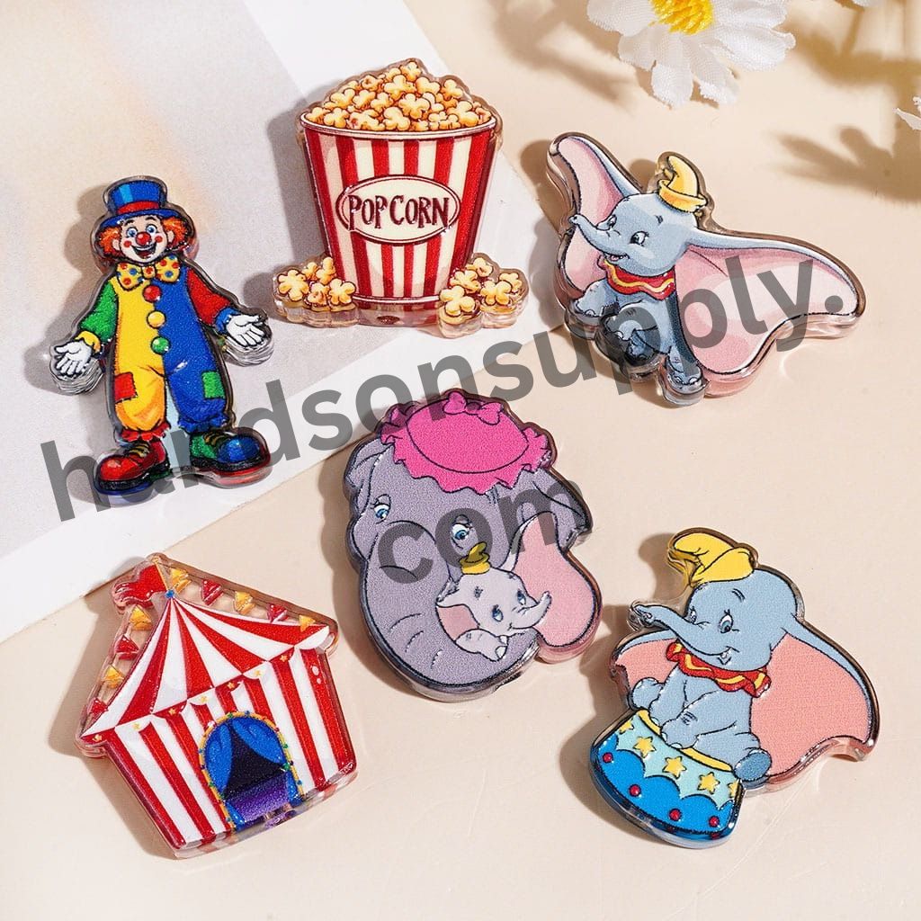 Cute Flying Elephant Character, Clown, Popcorn & Circus Tent Carnival Theme Printed Acrylic Beads, Assorted Shapes, Random Mix