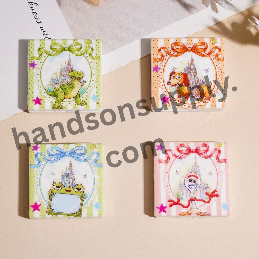 Cute Fantasy Toy Adventure Character Series Castle Bowtie & Star Silicone Focal Beads, Flat Square Shape, 28×28MM, Random Mix