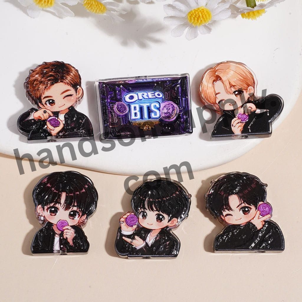 Cute Semi-Clear K-Pop Korean Boy Group Cookie Character Acrylic Beads, Black & Purple Style, Random Mix