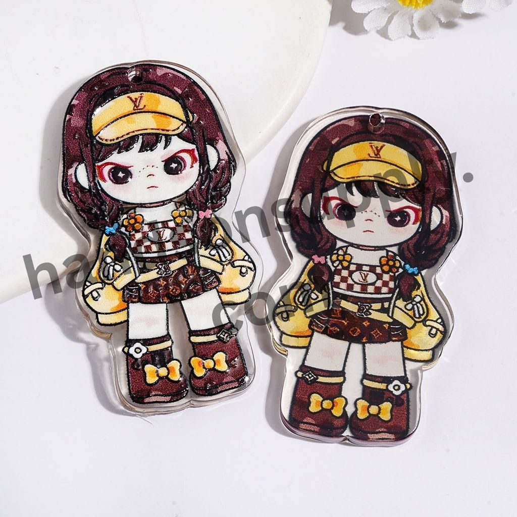 Cute Fashion Girl Character with Yellow Cap & Bow, Semi-Color, Single-Sided Print Acrylic Pendants