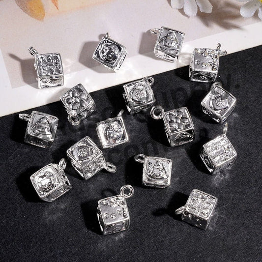 Silver Lucky Dice Cube Square with Flower Handbag Cute Cat Character Patterns, Metal Silver Alloy Charm Pendants & Jewelry Accessories, 8*8MM