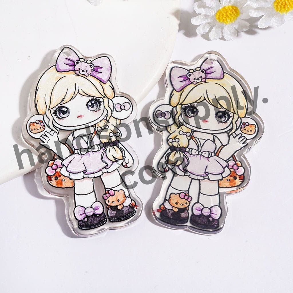 Cute Blonde Girl Character with Bow, Purple Dress & Handbag, Semi-Color, Single-Sided Print Acrylic Pendants