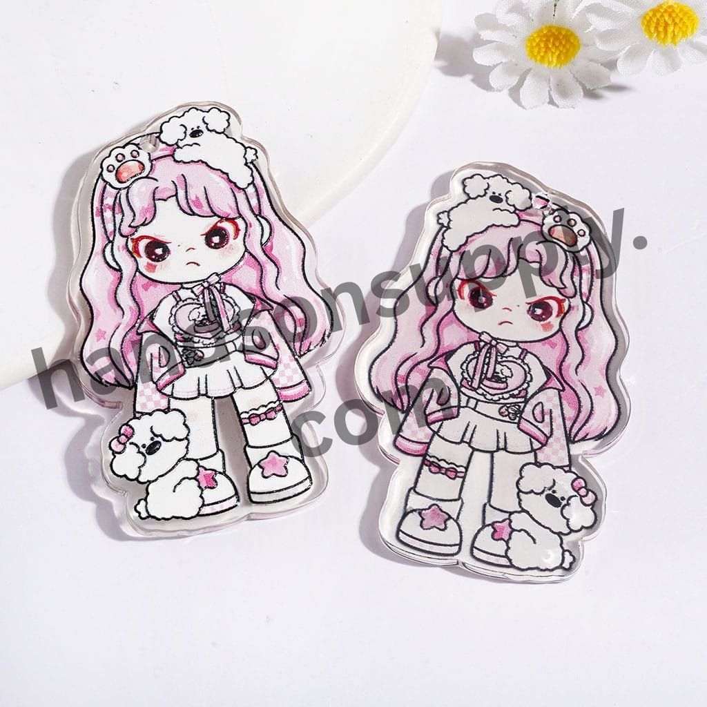 Cute Pink-Haired Girl Character with Pink Hairband & Puppy, Semi-Color, Single-Sided Print Acrylic Pendants