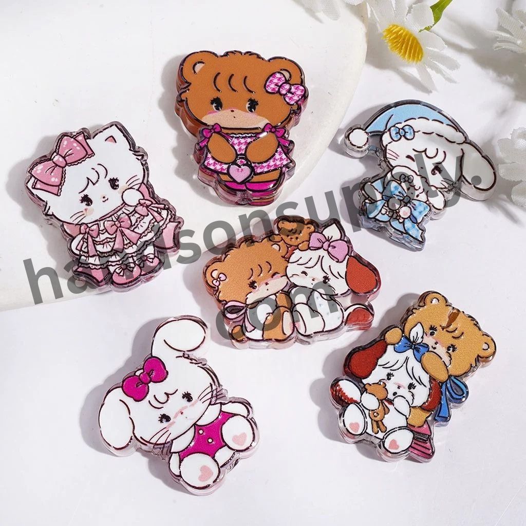 Charming Japanese Sweet Girl with Bunny & Cat Illustrations Semi-Clear Acrylic Beads, Random Mix