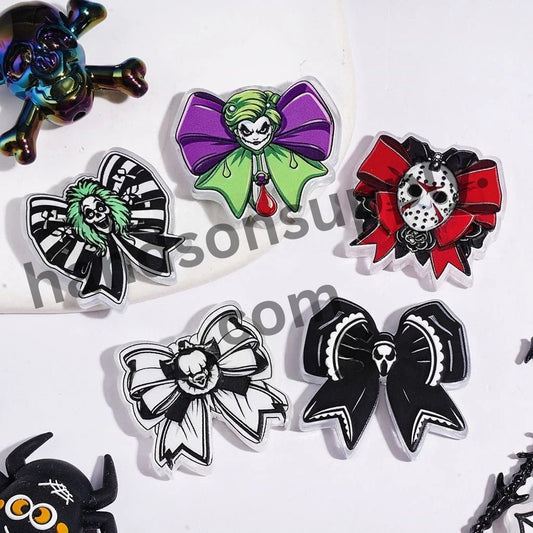 Dark Spooky Character & Skull Bow Designs, Gothic Halloween-Themed Semi-Clear Acrylic Beads, Random Mix