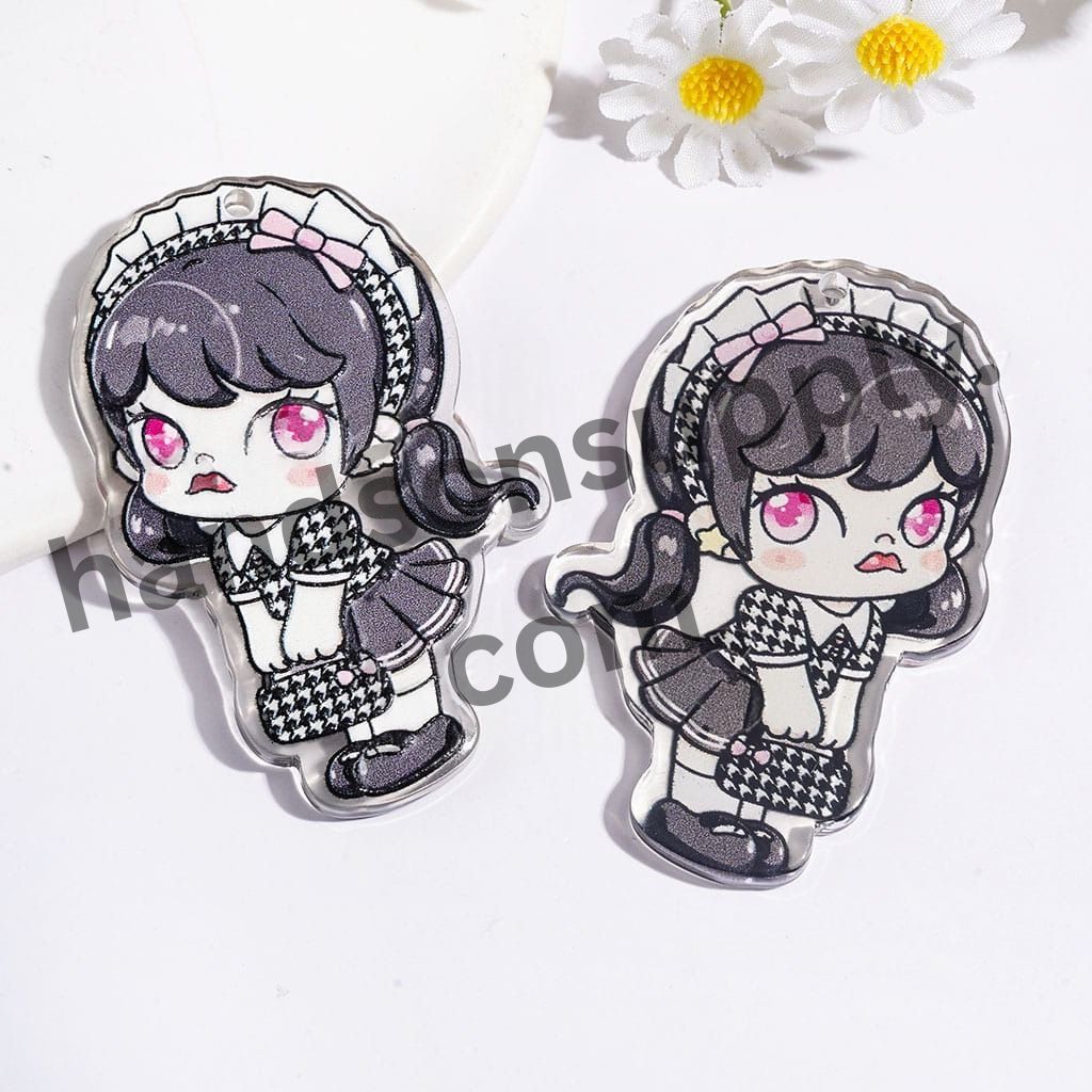 Cute Gray-Black Ponytail Girl Character with Plaid Dress, Handbag & Pink Bowtie, Semi-Color, Single-Sided Print Acrylic Pendants