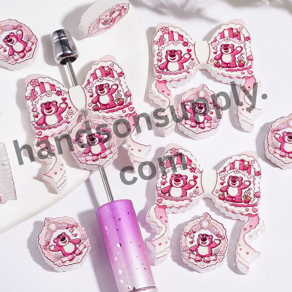 Pink Bear Theme Ribbon Bow with Cute Teddy Bear Character & Bear Frame Piece, Pink Series Acrylic Beads, (Please Read Description)