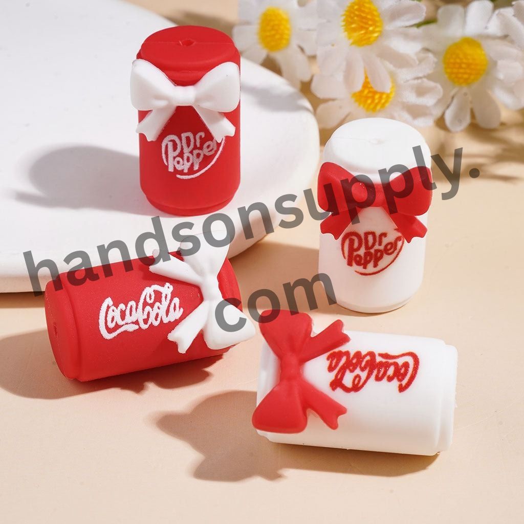 3D Red Soda Drinking Can with Bow Silicone Focal Beads, Height 26MM, Assorted Designs, Random Mix