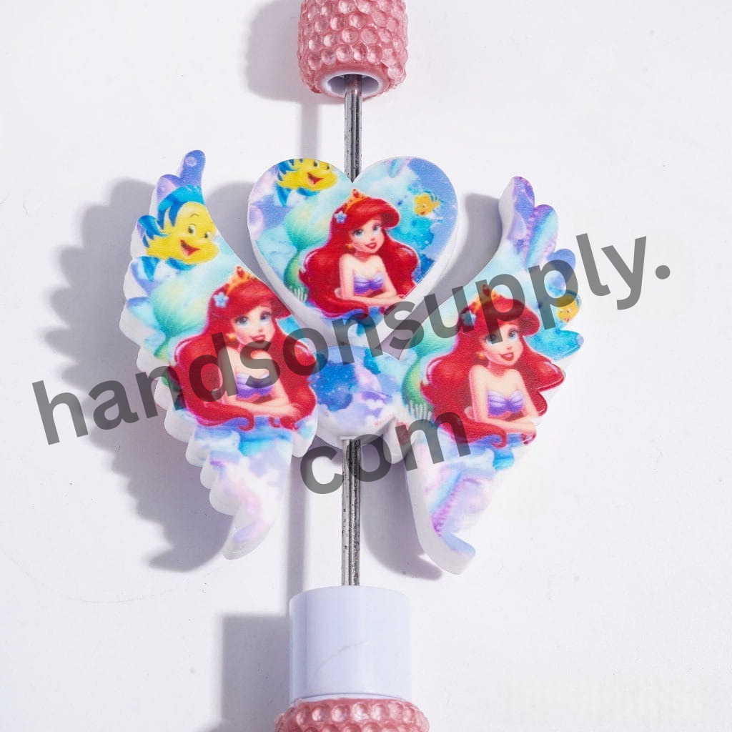 Red-Haired Mermaid Princess Silicone Focal Beads with Heart and Wings, 40*46MM