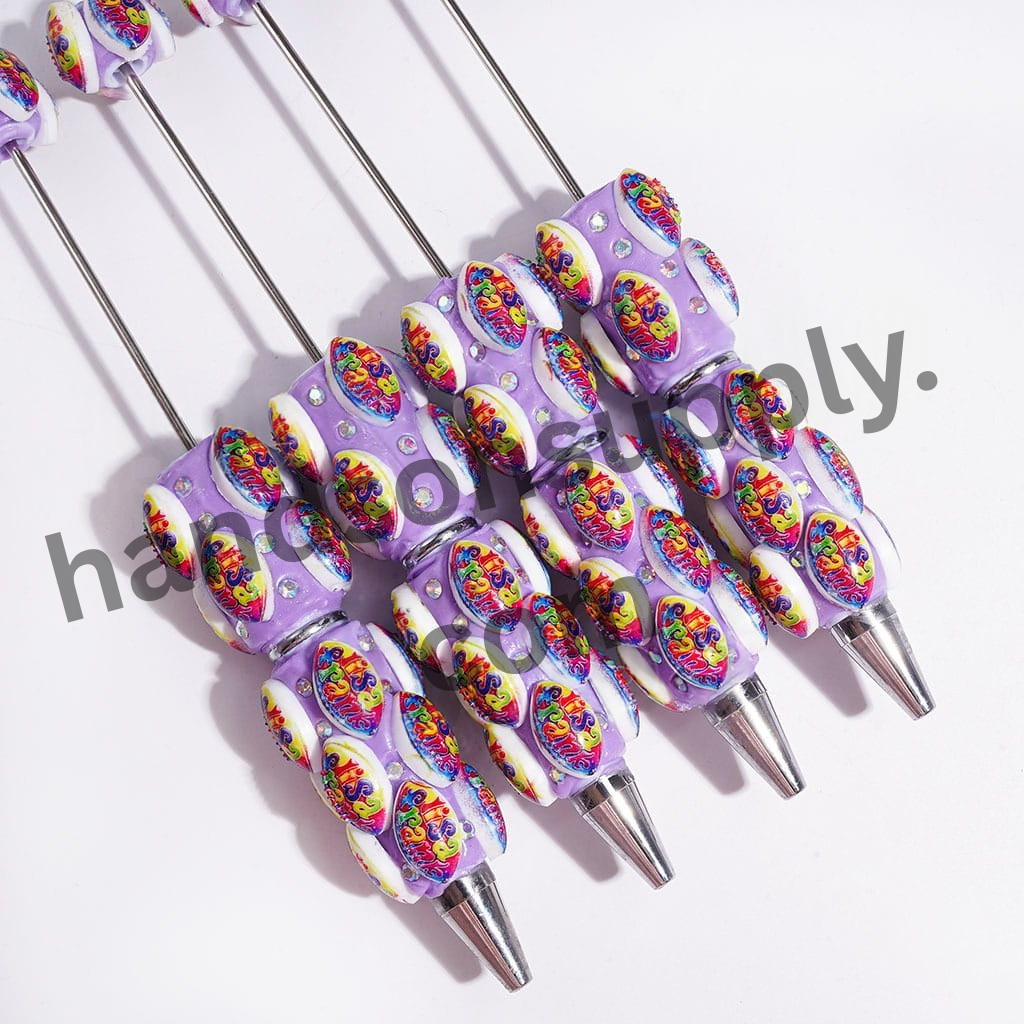 AB Rhinestone Beadable Clay Pen with American Football and Colorful Text Designs, Purple Pen Base