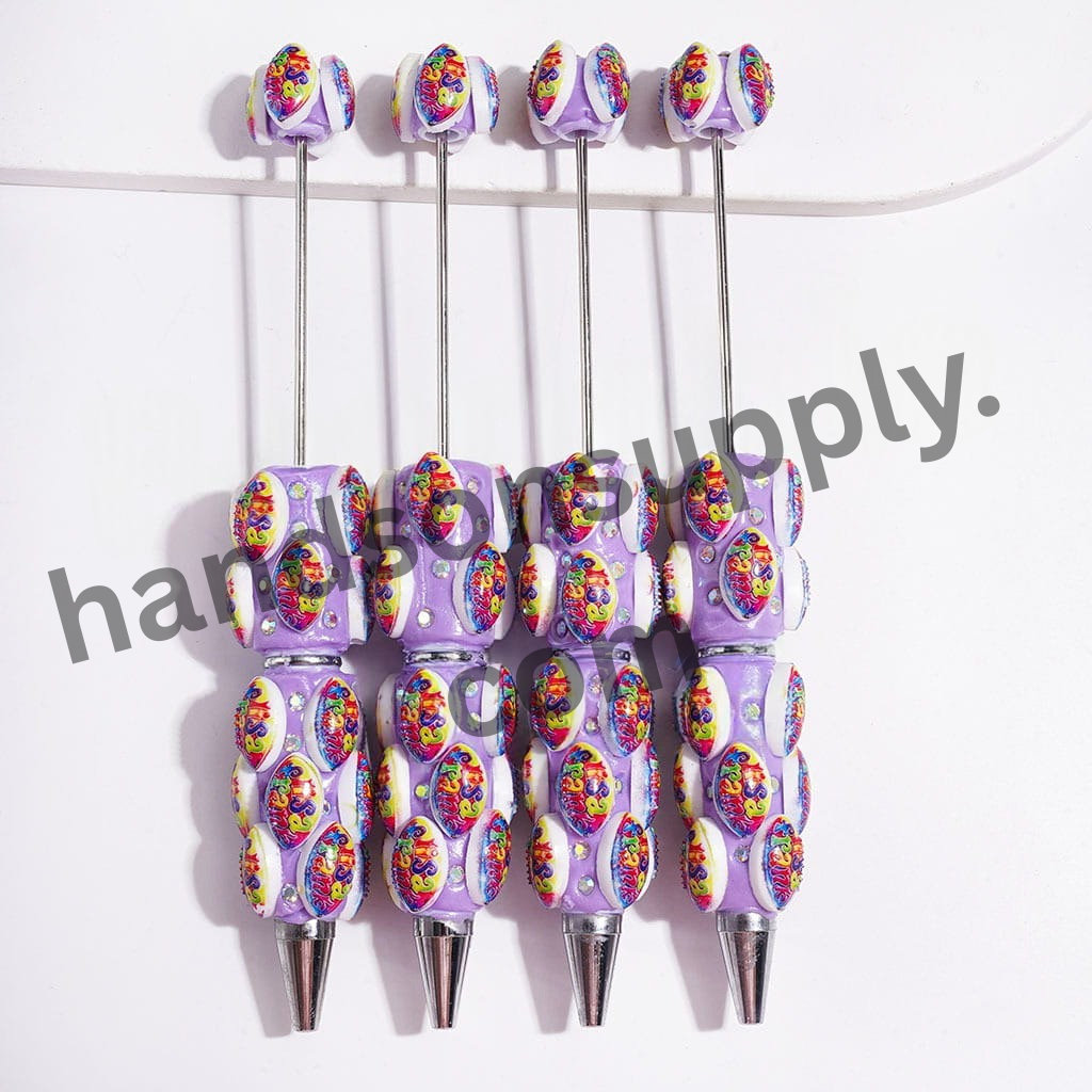 AB Rhinestone Beadable Clay Pen with American Football and Colorful Text Designs, Purple Pen Base