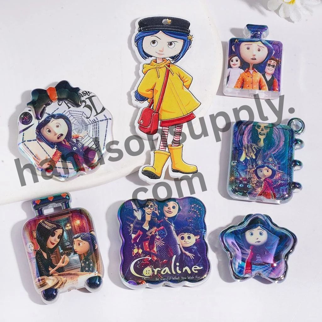 UV-Coated Spooky Ghost Mother Character Series Flat Round Shape Acrylic Beads, 31MM, Random Mix