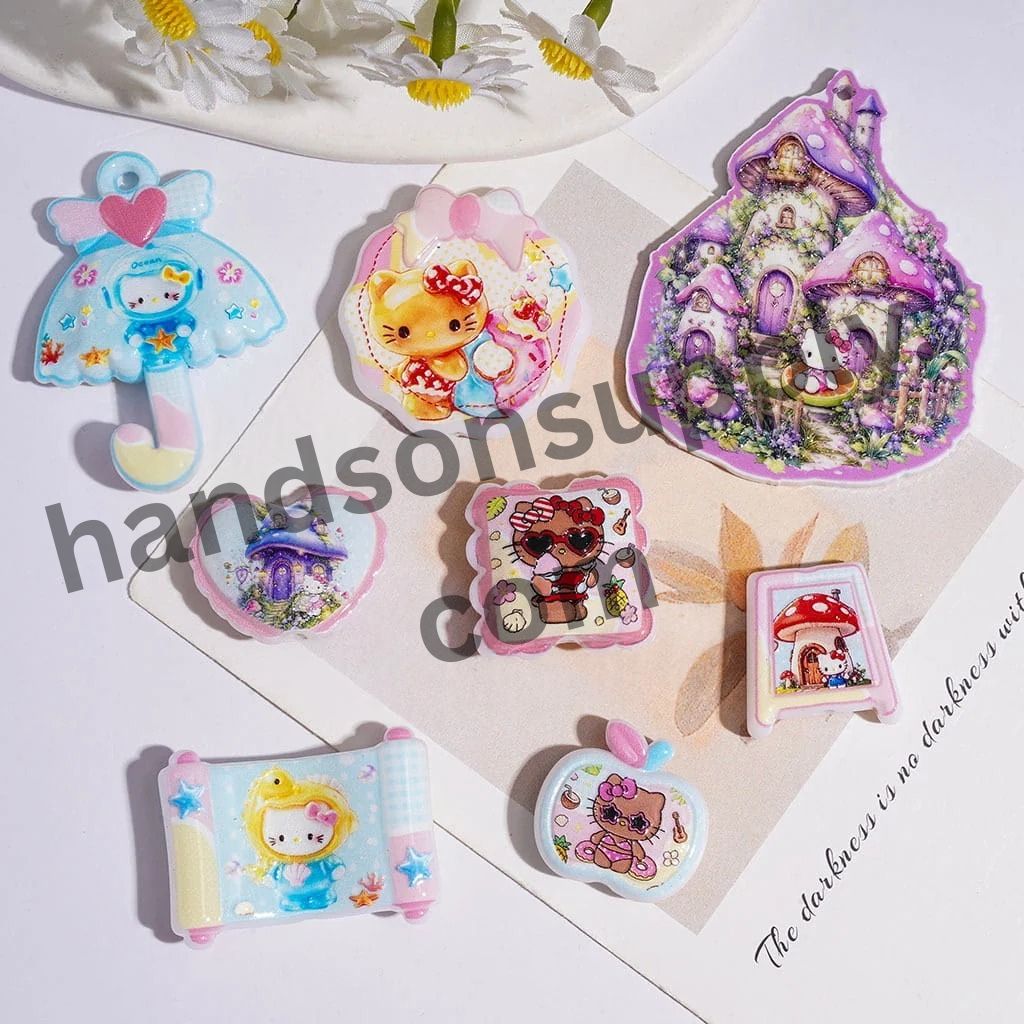 Diverse Styles Cute Cat Character with Dessert Marine Life House Acrylic Beads and Pendants, Random Mix