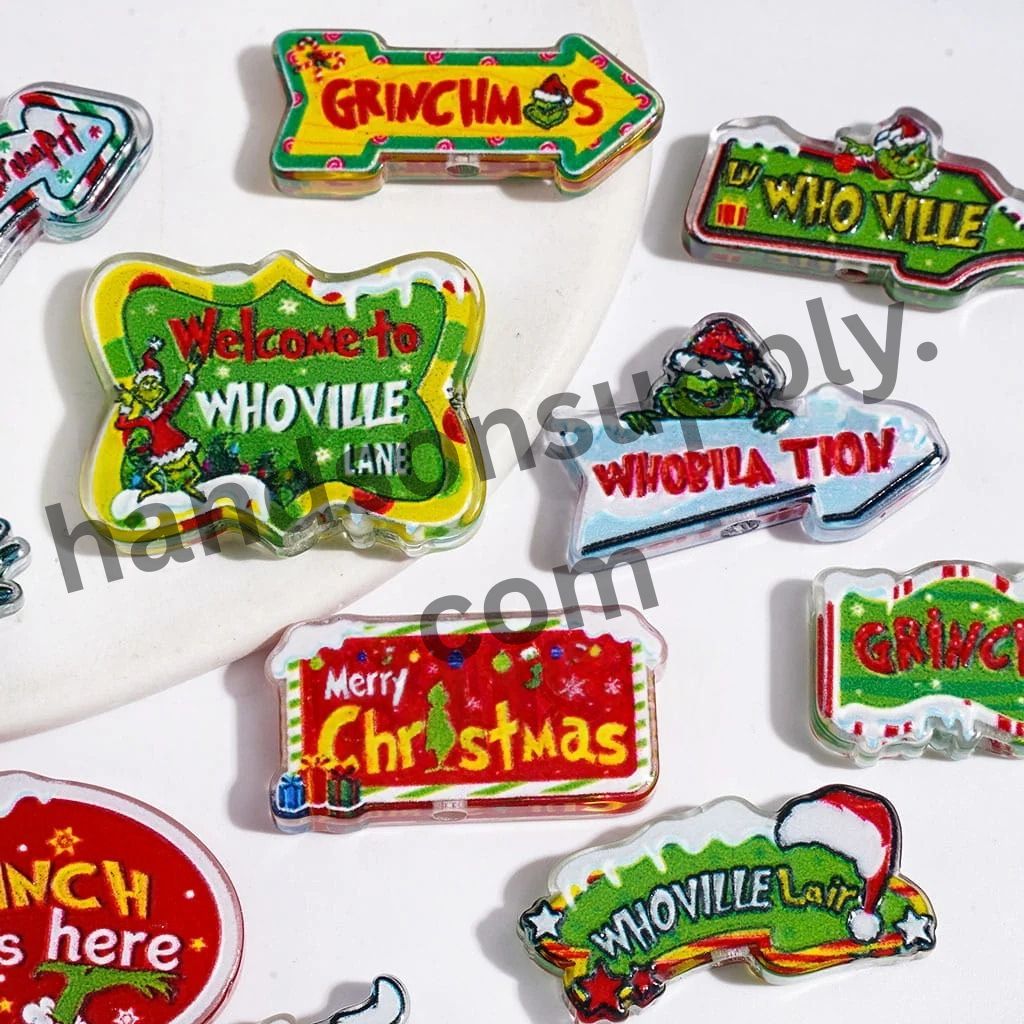 Festive Green Christmas Character Slogans and Street Sign Design Semi-Clear Acrylic Beads, Random Mix