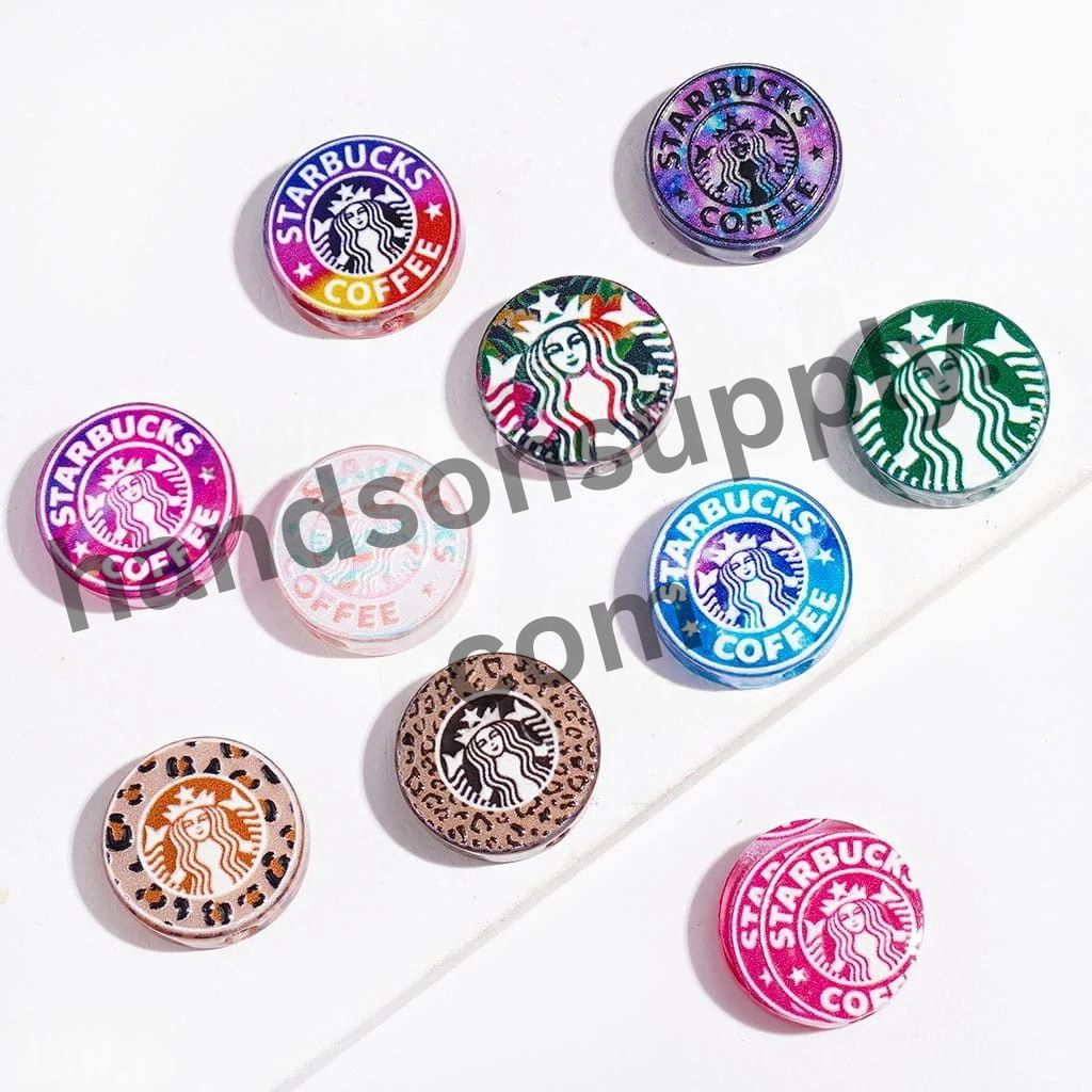 Famous Coffee Series in Unique Styles, Flat Round Shape Acrylic Beads, 16MM, Multicolor Random Mix
