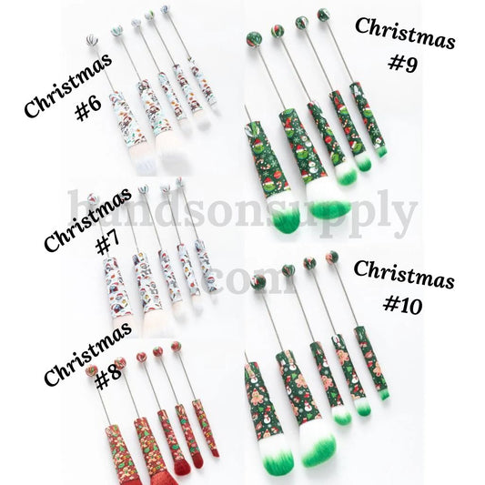 Festive Colorful Metal Beadable Christmas Themed Printed Makeup Brushes (1 Set = 5 pieces)