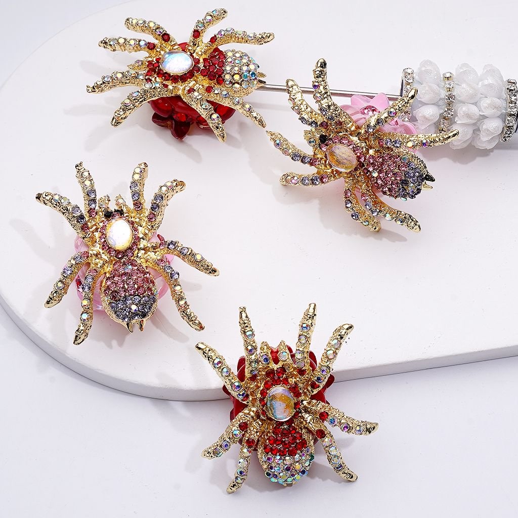 Elegant Gold Alloy Spider Pendant – Sparkling Rhinestones, White Pearls & Adorable Heart, Butterfly & Clay Bead Accents (Approx. 40×44MM)