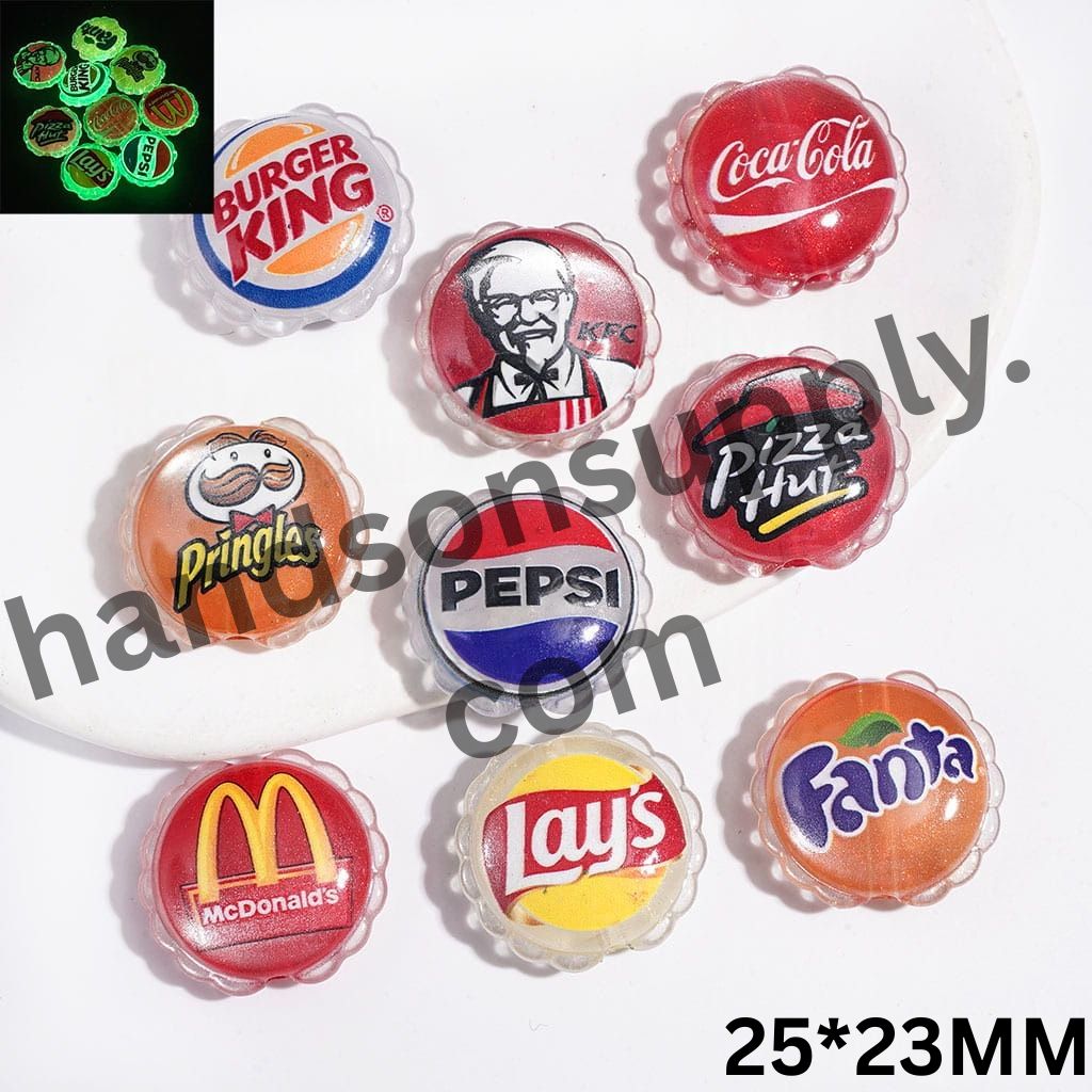 Luminous Cat Eye Style Glittery Fast-Food & Soda Drink Series Design Wavy Edges Acrylic Beads, 25*23MM, Random Mix