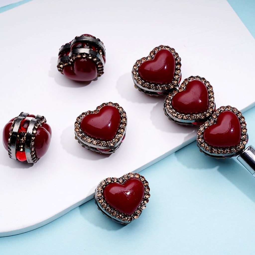 Brown Alloy Exquisite Fancy Dark Heart Frame Large Red Heart Inside Shiny Rhinestones Clay Beads, Around 26*23MM