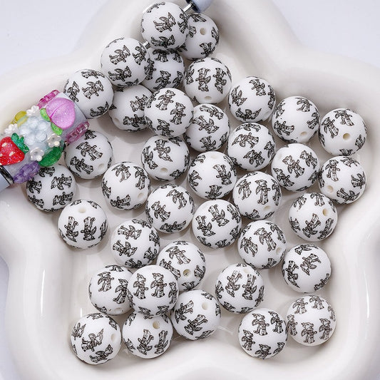 Black Dinosaur Printed Silicone Beads in Cute Style, Number Z-00242, 15MM