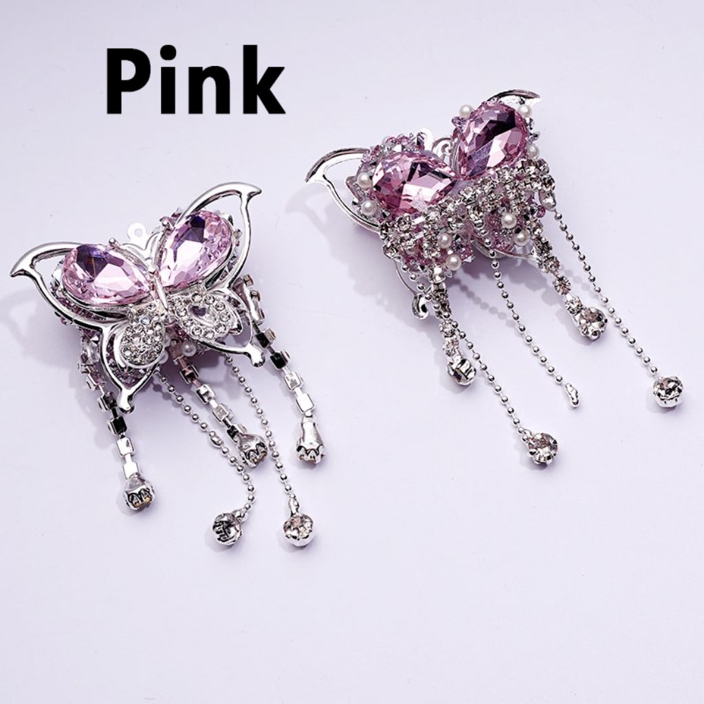 Glittering Silver Alloy Butterfly with Sparkling Rhinestones, Metal Chains & White Pearls Embellished with Sugar Acrylic Beads Approx. 40x60MM