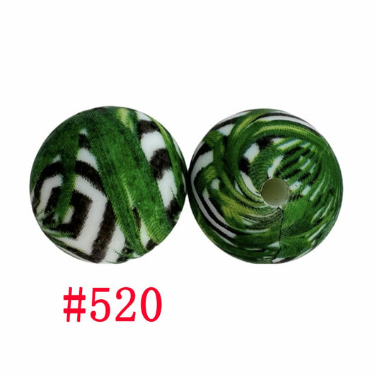 Printed Green Black and White Stripes Silicone Beads, 15mm, Number 520