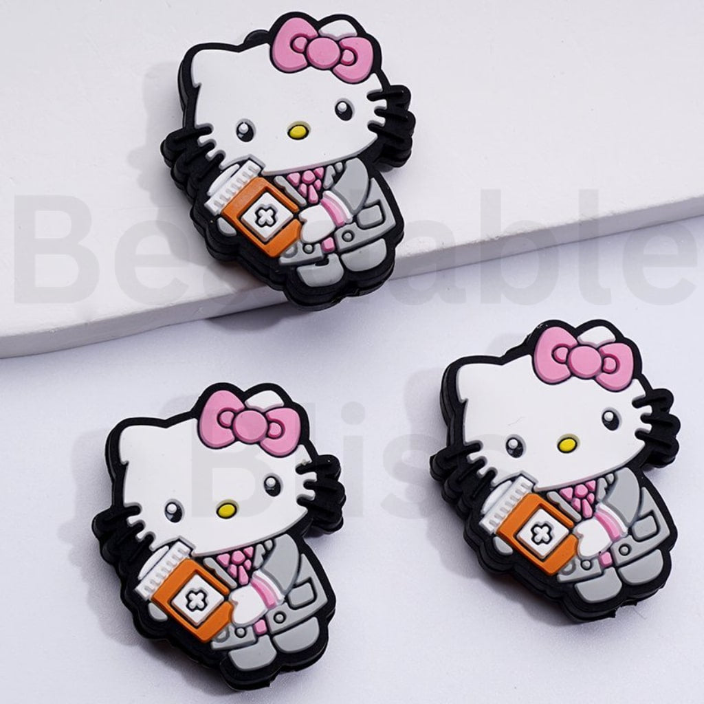 Cute Adorable Character Cat Nurse Holds a Medicine Bottle Silicone Focal Beads