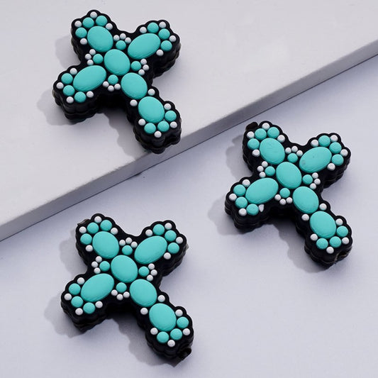 Jesus Christianity Teal Color Cross Religion Silicone Focal Beads