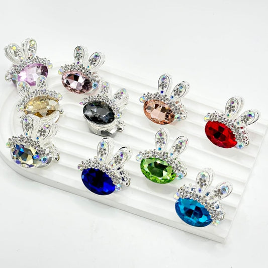 Silver Hollow Alloy Bunny Rabbit Head with Exquisite Bling Bling  AB Clear Rhinestones Large Oval Diamond Beads, Around 33*36MM