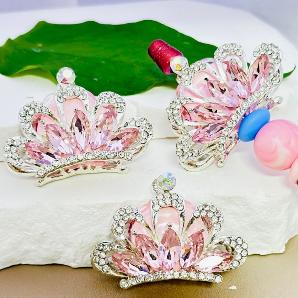 Silver Alloy Bling Bling Fancy Flower with Pink Clear AB Rhinestones, Clay Beads, and Oval Pearls, Around 43*31mm