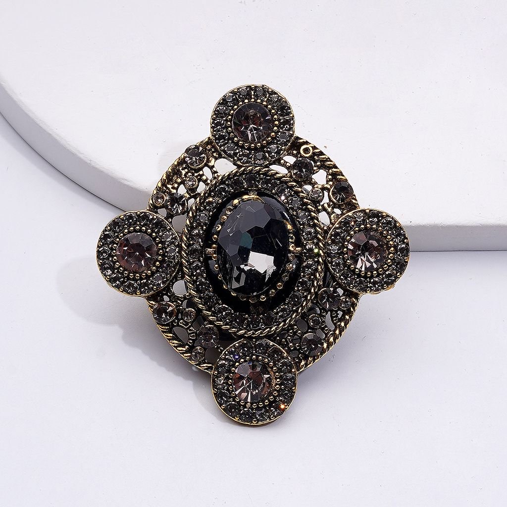 Elegant Copper Gold Alloy Elliptical Brooch – Shiny Rhinestones, White Pearls & Charming Clay Bead Accents Around 46*50MM