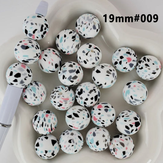 White Round Colorful Fragments Printed Silicone Beads 19MM, Number 009