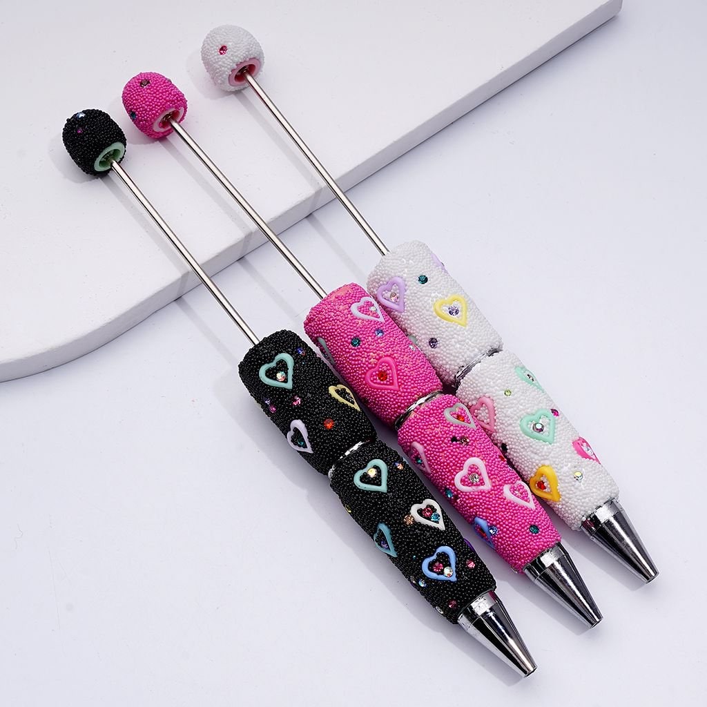 Beadable Clay Pens Covered with Colorful Shiny Rhinestones Mini Snow Balls and Cute Heart Frames Along the Entire Pen