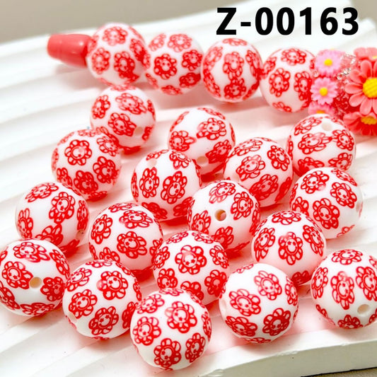 White Round Printed Red Smile Face Flower Silicone Beads 15mm, Number Z-00163