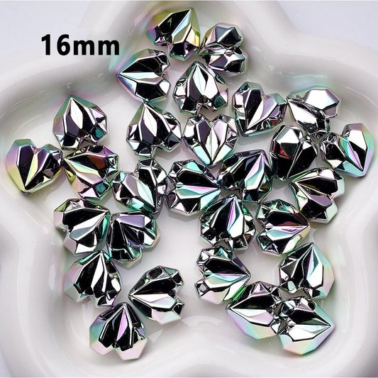 Acrylic Heart Beads in Holographic Galaxy Silver, Geometric Polyhedral Design, Approx. 16MM