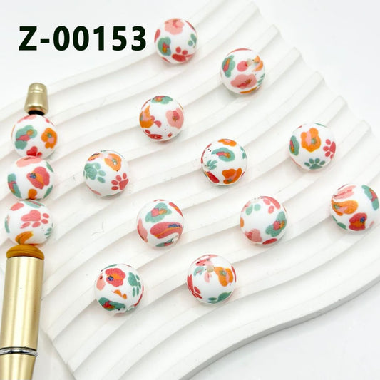 Puppy Dog Paw Round Printed Colorful Cute Silicone Beads 15mm, Number Z-00153