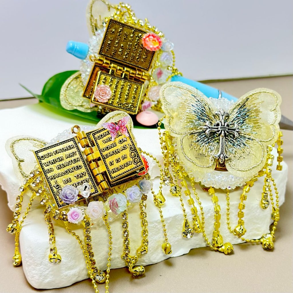 Exquisite Fabric Butterfly Book with Delicate Fancy Gold Alloy, Clear Rhinestone Chains, and Sugar-Covered Large Crescent Moon. Mini Cute Flower, Heart, Star Diamonds, and Beads, Around 59*45mm